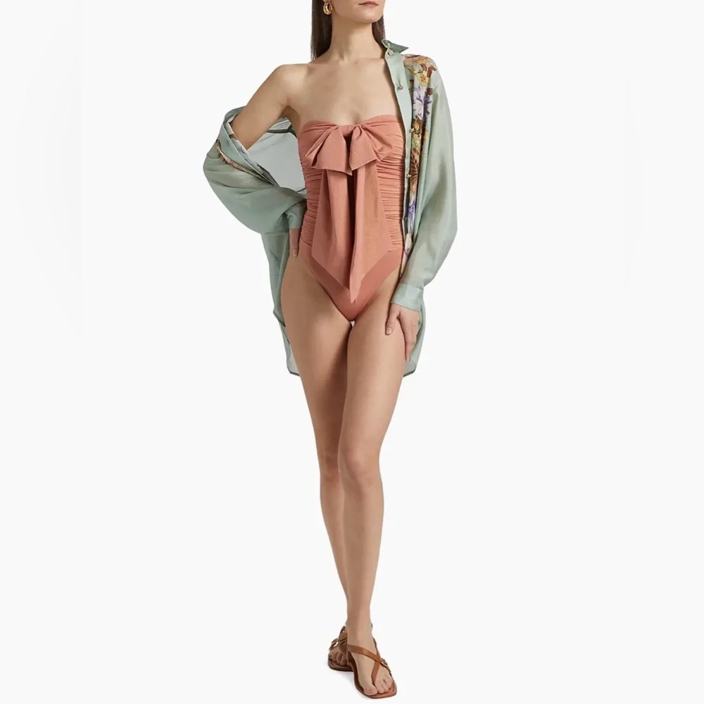 ZIMMERMANN Coco Metallic Drape Bow One-Piece Swimsuit -Shell Pink Sz: 1 (US 4-6) - Picture 7 of 12